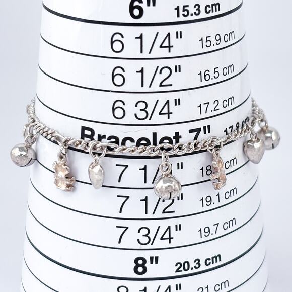 Vintage Sterling Silver Charm Bracelet | Hearts, Bells & Teddy Bears | 7” - Picture 4 of 6